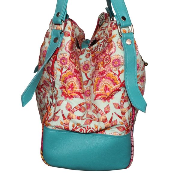 Karried Astray Teal Green Faux Leather Floral Fabric Satchel Shoulder Purse - Picture 6 of 14